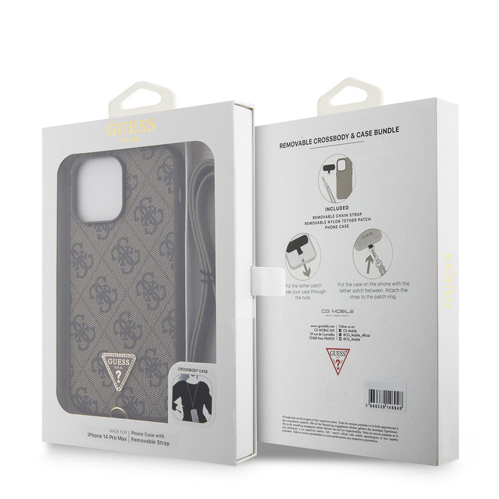 Guess iPhone 14 Pro Max Orjinal Lisanslı PU Deri Taşlı Metal Üçgen Logolu Çapraz Vücut Askılı 4G Desenli Kılıf Guess iPhone 14 Pro Max Orjinal Lisanslı PU Deri Taşlı Metal Üçgen Logolu Çapraz Vücut Askılı 4G Desenli Kılıf